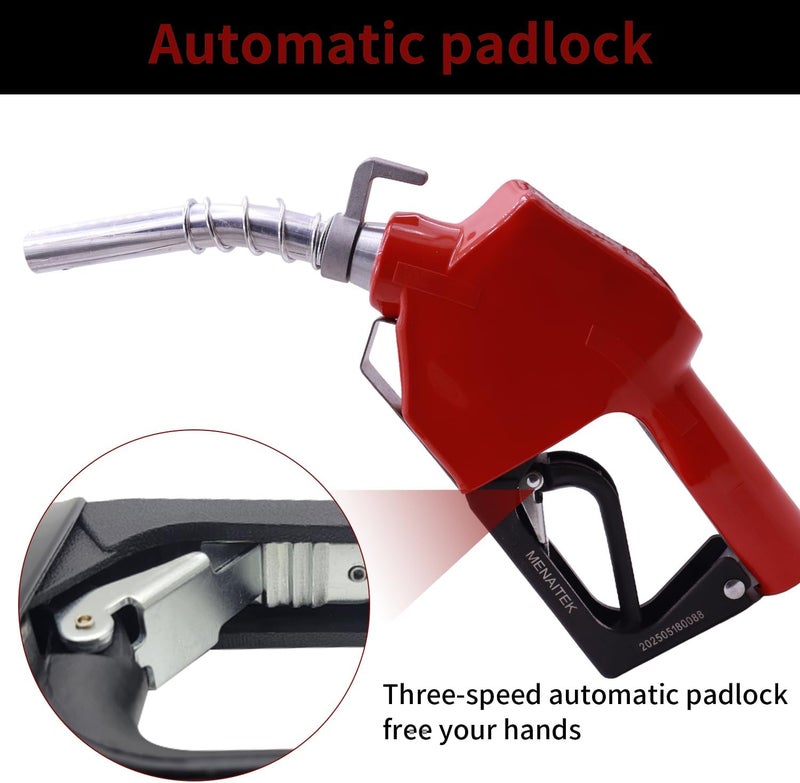 MENAITEK 3/4" Red NPT Fuel Transfer Nozzle Kit - Auto Shut Off Fuel Nozzle W/Fuel Hose Swivel, 16 GPM High Flow, 360° Swivel, 13/16 in Spout w/ 3-Gear Padlock (Diesel, Gasoline, Kerosene) - Image 2